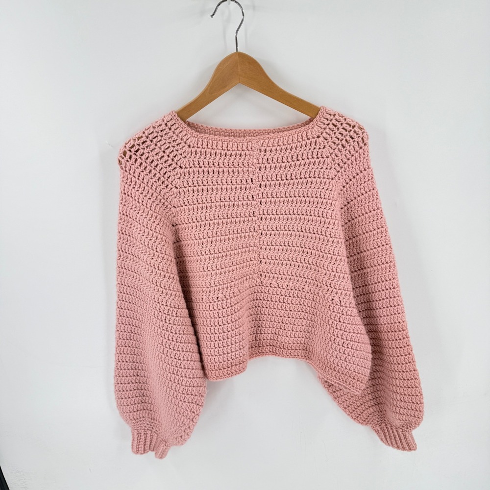 Handmade Crochet Sweater Pink Size L Oversized Balloon Sleeve Boho Crop Knit